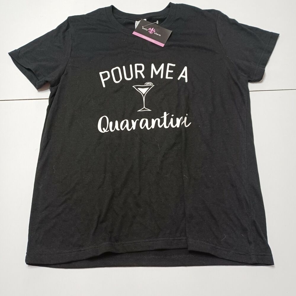Bella Charm Shirt Womens Medium Black‎ Striped Short Sleeve Pour Me A Quarantini